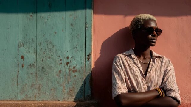 person dressed in reggae style featuring colorful clothing and accessories standing confidently against weathered