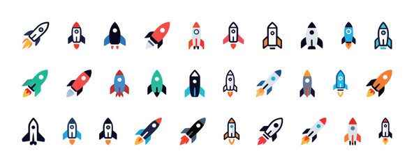 A set of rocket ship icons in various styles and colors. Simple vector illustrations for space, launch, and technology concepts. Flat style for web, apps, and presentations on a white background. © Zhangxiao