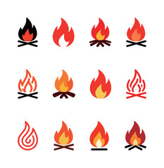 A set of campfire and fire icons in different styles. Simple vector illustrations for camping, nature, and energy concepts. Flat style for web, apps, and presentations on a white background.