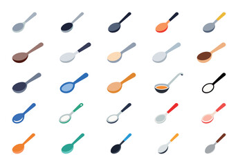 A set of spoons icons in different types and materials. Simple vector illustrations for kitchen, food, and utensil concepts. Isometric style for web, apps, and presentations on a white background.