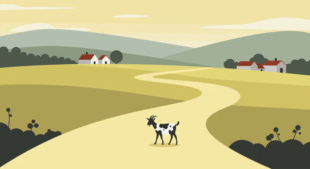 Fototapeta premium Goat on a Country Road Rural Landscape with Houses and Rolling Hills
