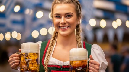Smiling german woman in traditional attire dirndl dress holds two large beer mugs, surrounded by festive octoberfest decorations and warm lighting, celebrating joyful atmosphere of cultural festival
