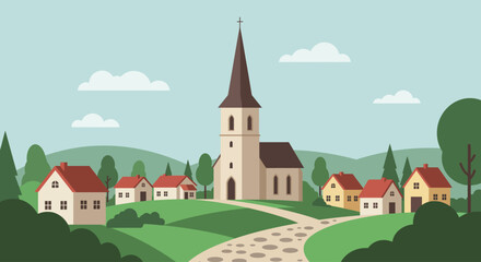 Charming Village Churchscape Illustration