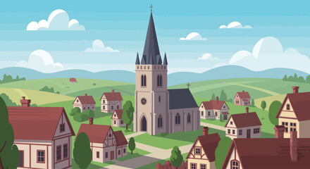 Scenic rural village landscape with a church and houses on green hills