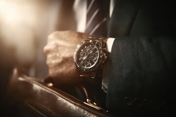 Close-up of a professional's hand with a luxury gold watch and briefcase.