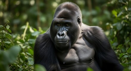 Majestic Silverback Gorilla in Lush Green Habitat.