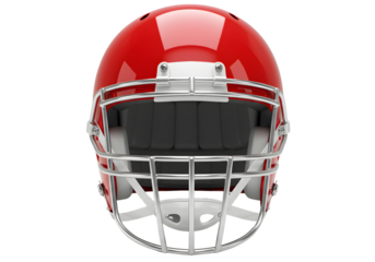 A bold red American football helmet front view on a clean white background