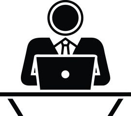 Faceless figure with tie typing on laptop at a desk in black silhouette