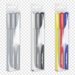 Pen set packed in clear plastic box with tuck-in flap and euro hole tab. White, black, gray, color. Easy to edit. Realistic vector mockup. Three felt-tip pens with caps pack. 3d mock-up. Template