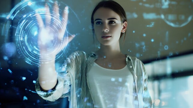 Young woman in modern casual attire interacting with smart technology