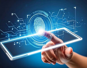 A hand interacts with a holographic fingerprint interface on a tablet