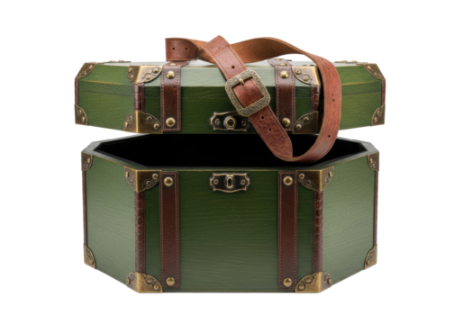 Antique deep forest green octagonal wooden chest with tarnished brass, plush velvet interior, slightly ajar, weathered leather strap on transparent studio background. Concept of hidden mystery - Powered by Adobe