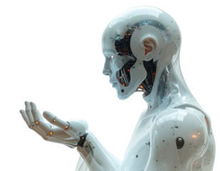  Abstract AI Robot Displaying Analytics, White Background.