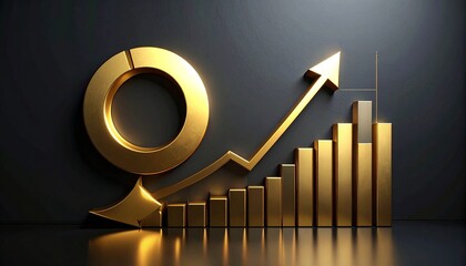 Golden circular arrow transitioning into ascending bar graphs on dark grid background.