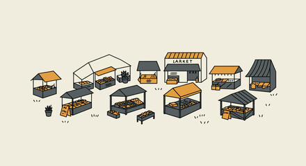 Farmers Market Stalls Illustration Set