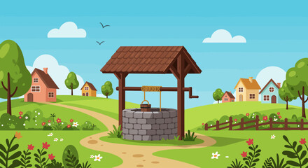 Idyllic cartoon village landscape with a traditional stone water well