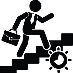 Silhouette of businessman climbing stairs, carrying briefcase, while time mechanism propels him forward