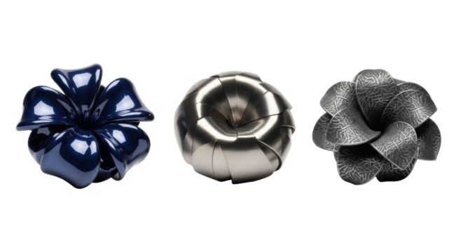 Three abstract metallic blossoms (indigo polished, silver steel, charcoal etched iron), aligned on transparent studio background with ample copy space, material fidelity, concept of modern industrial - Powered by Adobe