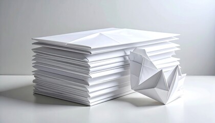 Stack of White Origami Paper with Geometric Folds on White Surface Reflecting Soft Studio Lighting Creative Texture Paper Craft Concept
