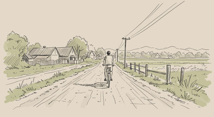 Fototapeta premium Vintage sketch of a bicycle journey through a rural village landscape