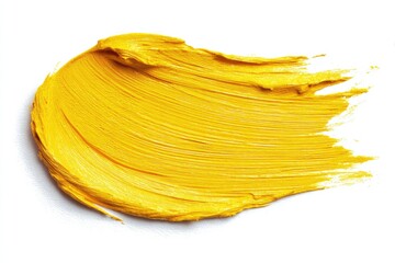 A vibrant, textured smear of bright yellow paint, dynamically brushed onto a stark white background, showcasing thick, visible brushstrokes and a glossy sheen