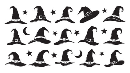 Halloween Witch Hat Collection with Stars and Crescent Moon Vector Clipart