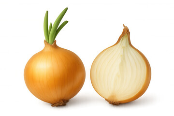 Fototapeta premium Fresh onion bulb sprouting green shoots, split revealing layered interior, resting on clear background