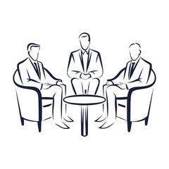 Fototapeta premium Three businessmen engage in a meeting around a table with chairs using minimal lines