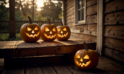 Halloween Illustration Group Glowing Jack-o-lanterns Wooden terrace