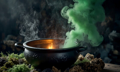 Halloween Illustration Witch's Cauldron Bubbling Green Smoke