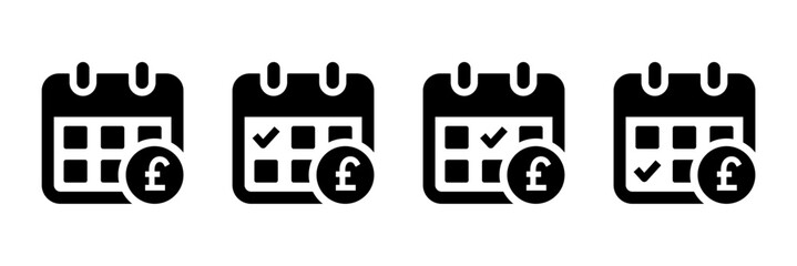 Payment schedule icon with calendar and pound sign. Perfect for payday, salary date, billing reminder, due date, and financial planning in the UK. Solid style vector illustration.