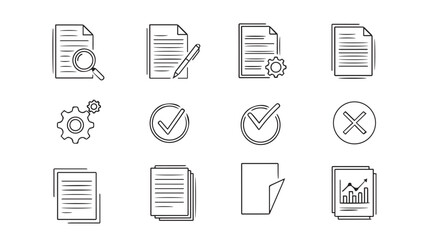 Collection of document and business icons in a hand drawn silhouette style