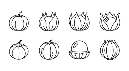 Collection of simple outline drawings of various fruits and vegetables silhouette