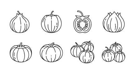 Collection of hand drawn vegetable silhouettes including pumpkins onions and tomatoes silhouette