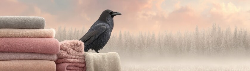 Raven Perched on Soft Blankets Against a Misty Forest Background