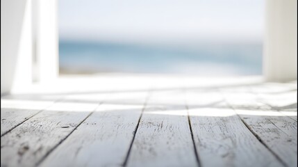 Soft focus white weathered wooden floor near ocean