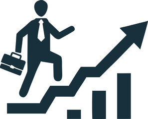 Businessman carrying a briefcase climbs a chart showing upward progress towards success and achievement