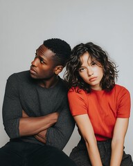 Obraz premium multiracial couple sitting close, one partner turning head away uncomfortable due to bad breath