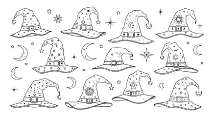 Halloween Witch Hat Pattern with Stars and Crescent Moon Line Art Vector