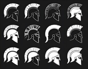 Spartan Helmets Collection Depicting Ancient Greek Warfare Line Art Illustrations