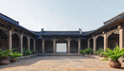 Obraz premium Traditional East Asian Courtyard Featuring Symmetrical Architecture