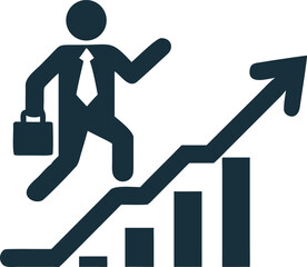 Businessman with briefcase icon strives up an increasing chart towards an arrow symbol