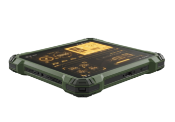 Robust deep olive green ruggedized tablet with glowing amber data interface and intricate UI, reinforced polymer shell, isolated on white background, concept of extreme durability