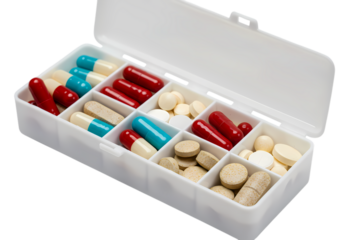Medication Organizer with Assorted Pills and Capsules isolated on transparent background