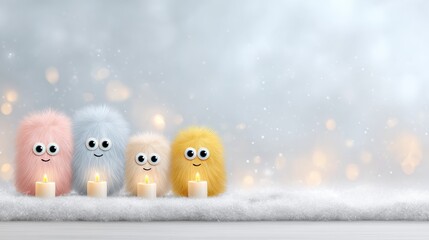 Adorable Colorful Fluffy Creatures with Candles on Light Background