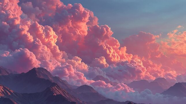 3D animation of tall mountain peaks with pink, blue and magenta tones, surrounded by soft pink clouds in the sky.