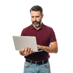 Focused bearded man working on a laptop computer isolated on transparent background