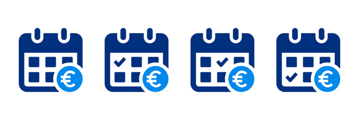 Payment schedule icon with calendar and euro sign. Useful for salary date, payday, billing reminder, due date, and financial planning across Europe. Flat style vector illustration.