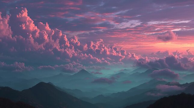 3D animation of tall mountain peaks with pink, blue and magenta tones, surrounded by soft pink clouds in the sky.