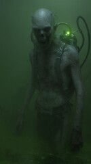 Fototapeta premium man submerged in green liquid with breathing apparatus
